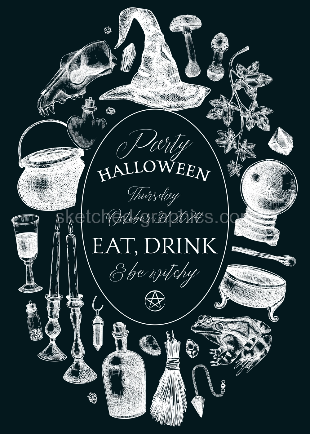 Witch party invitation design. Witchcraft frame, banner, flyer on chalkboard. Vinatge Halloween sketches. Hand-drawn vector illustration. NOT AI generated Illustration